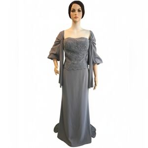 Jovani Strapless Gray Beaded Lace Long Evening Gown Detachable Scarf Sz 16